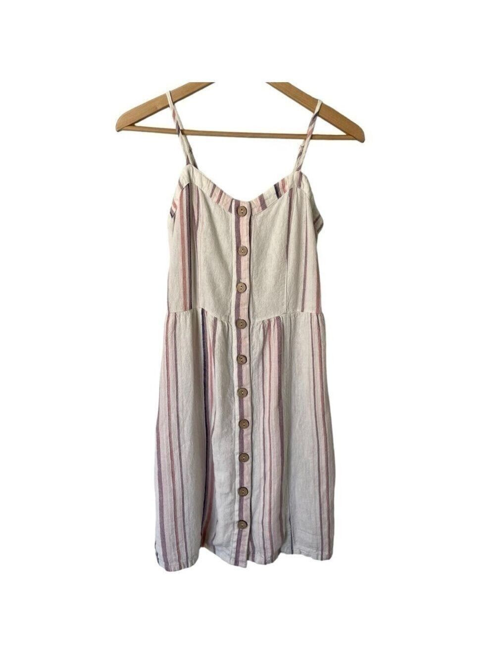 Maurices Linen Blend Dress Sz XS Pink Cream Button Front POCKETS! Easter Spring